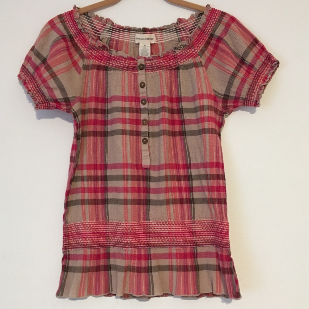 Jones New York Plaid Short-Sleeve Elastic Blouse